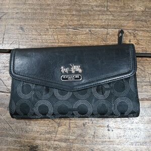 Coach Wallet Madison Op Art Dotted Clutch Black Leather Canvas TriFold Flap